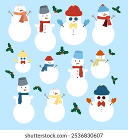 Vector pattern, many snowmen on a blue background
