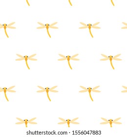 Vector pattern with many yellow dragonflies on white background. Seamless pattern 