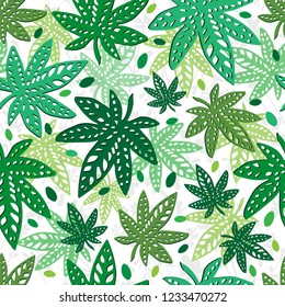 Vector pattern with marijuana leaves and seeds on light background. Seamless pattern can be used for wallpaper, pattern fills, web page background, surface textures.