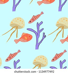 vector pattern with marine inhabitants: octopus, fish, jellyfish and algae.