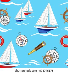Vector pattern with a marine sailing regatta and the attributes of a yacht and a compass, steering wheel, life ring and a telescope on a blue background among the waves.