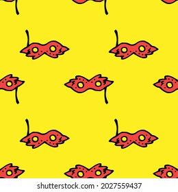 Vector pattern of masquerade masks of red colors. seamless pattern of a carnival face mask in the style of doodles, located on a yellow background for a holiday design template, postcards, labels
