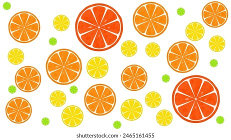 Patrón de Vector para la producción en masa. Impresión para ropa y fundas. Mitades de naranjas, limones, limas, pomelos. Color naranja, rojo, amarillo y verde. Frescura en el calor del verano.