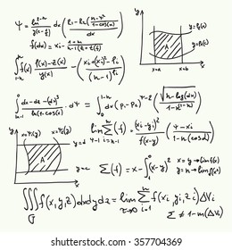 Vector pattern with mathematical formulas, calculations, graphs, proof and scientific research in the field of algebra. 