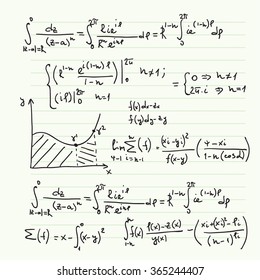 Vector pattern with mathematical formulas, calculations, graphs, proof and scientific research in the field of algebra. 
