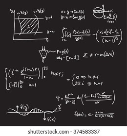 Vector pattern with mathematical formulas, calculations, graphs, proof and scientific research in the field of algebra. 