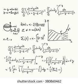 Vector pattern with mathematical formulas, calculations, graphs, proof and scientific research in the field of algebra. 