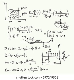 Vector pattern with mathematical formulas, calculations, graphs, proof and scientific research in the field of algebra. Paper sheet with hand-drawn characters.
