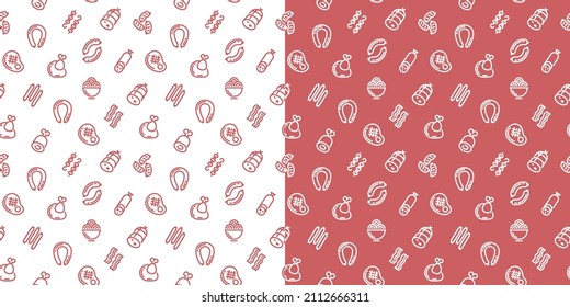 Vector pattern of meat delicacies. Icons in flat style, stylized sausages, sausages, sausages. Contour sausage icons in the background. Scalable background.