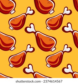Vector pattern with meat on the bone in doodle cartoon style.