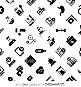 Patrón vectorial con médico y salud, fondo inconsútil.
