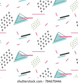 Vector pattern memphis ornament with blue triangle and grey cross