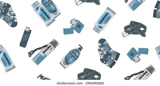 Vector pattern with men's gifts. Color, seamless illustration with shaving foam, blade, shampoo, shower gel, and socks. Image for the holiday on February 23