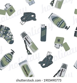 Vector pattern with men's gifts. Color, seamless illustration with shaving foam, blade, shampoo, shower gel, and socks. Image for the holiday on February 23