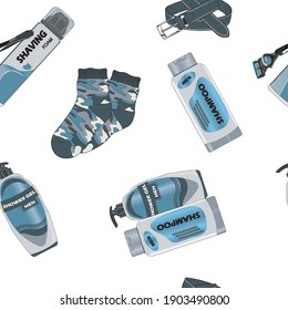 Vector pattern with men's gifts. Color, seamless illustration with shaving foam, blade, shampoo, shower gel, and socks. Image for the holiday on February 23