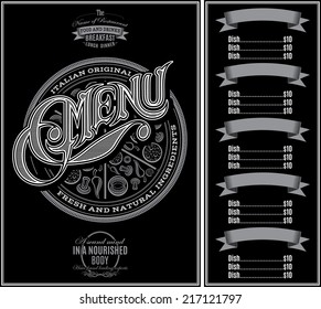 vector pattern for menu pizza over black background and calligraphy