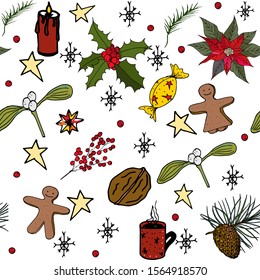 Vector pattern Merry Christmas and Happy New Year with mistletoe, gingerbreads, poinsettia. Isoleted on white.