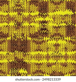 Vector pattern of messy knitting. Warm brown and yellow colors are suitable for winter clothes. Knitted pattern creates ethnic handicrafts impression.