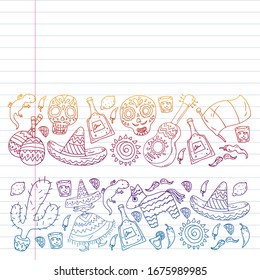 Vector pattern for mexican cuisine leaflets. Order mexican cuisine in internet online. Fast delivery. National Mexico ethnic elements. Day of the Dead. Sugar skull.