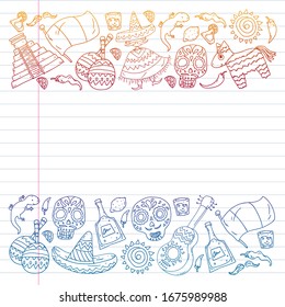 Vector pattern for mexican cuisine leaflets. Order mexican cuisine in internet online. Fast delivery. National Mexico ethnic elements. Day of the Dead. Sugar skull.