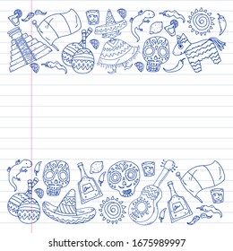 Vector pattern for mexican cuisine leaflets. Order mexican cuisine in internet online. Fast delivery. National Mexico ethnic elements. Day of the Dead. Sugar skull.