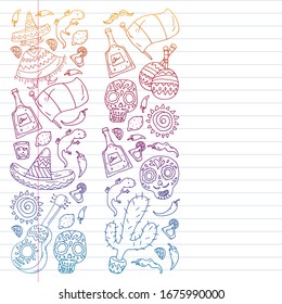 Vector pattern for mexican cuisine leaflets. Order mexican cuisine in internet online. Fast delivery. National Mexico ethnic elements. Day of the Dead. Sugar skull.
