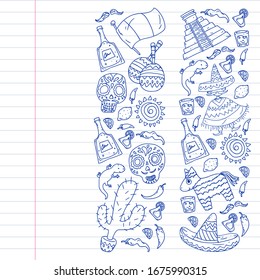 Vector pattern for mexican cuisine leaflets. Order mexican cuisine in internet online. Fast delivery. National Mexico ethnic elements. Day of the Dead. Sugar skull.