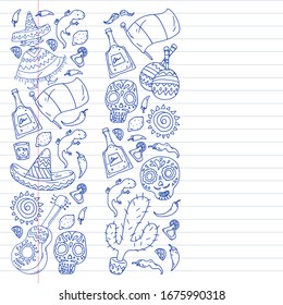 Vector pattern for mexican cuisine leaflets. Order mexican cuisine in internet online. Fast delivery. National Mexico ethnic elements. Day of the Dead. Sugar skull.
