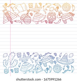 Vector pattern for mexican cuisine leaflets. Order mexican cuisine in internet online. Fast delivery. National Mexico ethnic elements. Day of the Dead. Sugar skull.