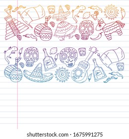 Vector pattern for mexican cuisine leaflets. Order mexican cuisine in internet online. Fast delivery. National Mexico ethnic elements. Day of the Dead. Sugar skull.