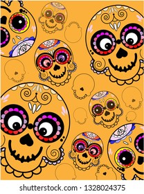 Vector pattern with Mexican sugar skulls  on orange background.. Vector illustration in flat style