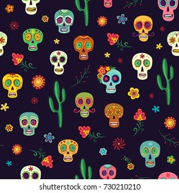 Patrón vectorial calaveras de azúcar mexicano, cactus y flores en un fondo oscuro. Papel de escritorio el día de los muertos