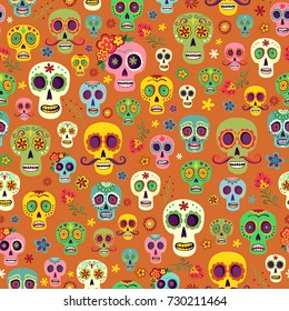 Vector pattern Mexican sugar skulls on an orange background, wallpaper the day of the dead