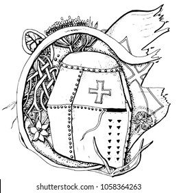 Vector pattern with middle age historical warrior helmet on floral backdrop. Uncolored illustration.