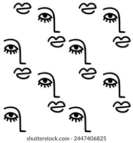 Vector pattern of minimalist abstract faces, seamless design in black on white, suitable for quirky backgrounds.