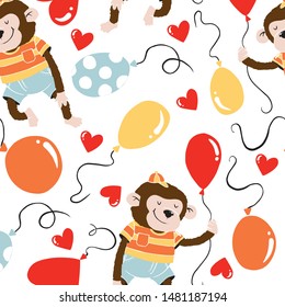 Vector pattern with monkey and balloons. Can be used for children's textiles, wrapping paper and invitations. Cartoon style. Happy birthday's mood