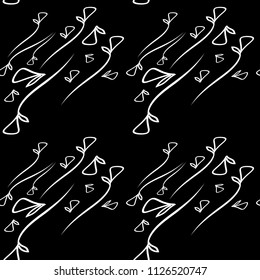 Vector pattern from monochrome plant white elements on a black background in a geometric style. For design of fabric or objects of design of natural products.
