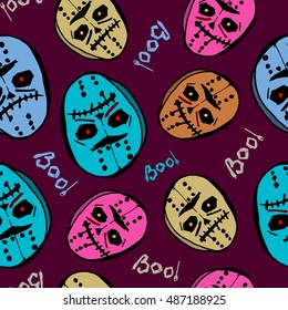 vector pattern with monster masks, bright background for Halloween, lettering, sketch