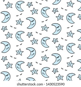 Vector pattern with moon, closed eyes and stars. Children vector illustration on white background