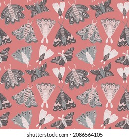 Vector pattern with moth icons in monochrome colors isolated on pastel red background. 