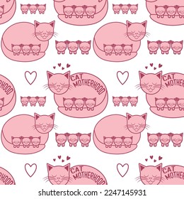 Vector pattern mother cat with kittens. Pink cat with three kittens.