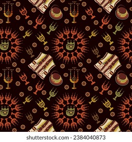 Vector pattern with motifs of Hutsul Christmas. Ukrainian folk art. Kosiv ceramics. Seamless pattern with candlesticks in folk style from Ukraine.