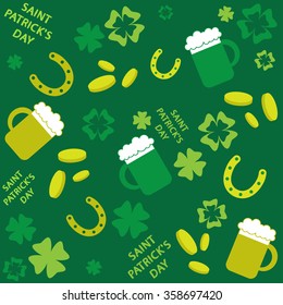 Vector pattern With mugs of beer, horseshoes, clover and other symbols of Saint Patrick Day.