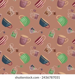 Vector pattern with mugs and tea bags