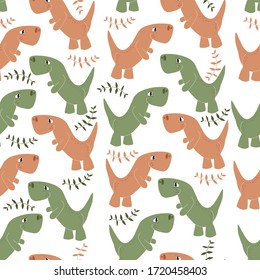 vector pattern of multi-colored cartoon dinosaurs and tree branches on a white background