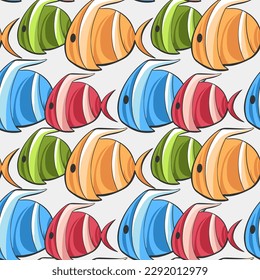 Vector pattern of multicolored cute marine fish underwater in cartoon comic style.