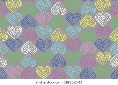 vector pattern - multicolored hand-drawing hearts on gray background
