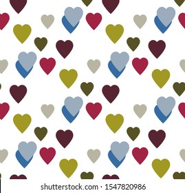 Vector pattern with multi-colored hearts of different transparency on a white background.