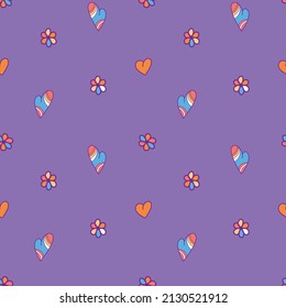 Vector pattern with multicolored hearts in hippie style, love, romance, stylish modern illustration for posters, gift wrapping, clothes, teenagers.