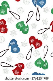 Vector pattern with multi-colored mittens and snowflakes. Vector winter illustration. Background for cards, packaging, fabrics, print, web.